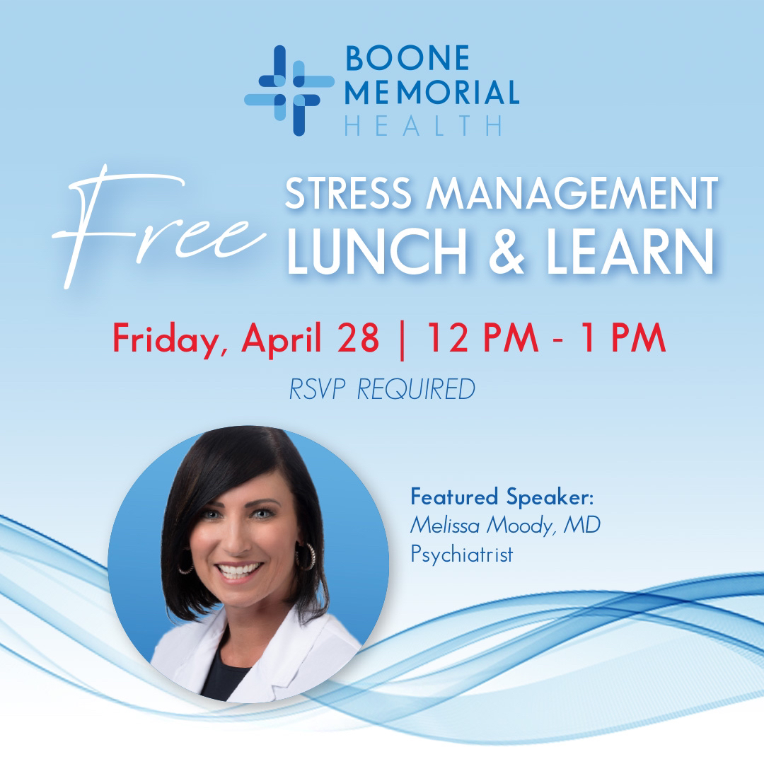 BooneMemorialWV's tweet photo. Date change! Our FREE Lunch &amp; Learn event is now on April 28th, 12-1pm, at the BMH Foundation Building. Enjoy a complimentary lunch &amp; gift bag while BMH Psychiatrist Melissa Moody, MD, discusses stress management for Stress Awareness Month.

RSVP: https://t.co/1vlFEVfmQt https://t.co/jIrQEiuJx5