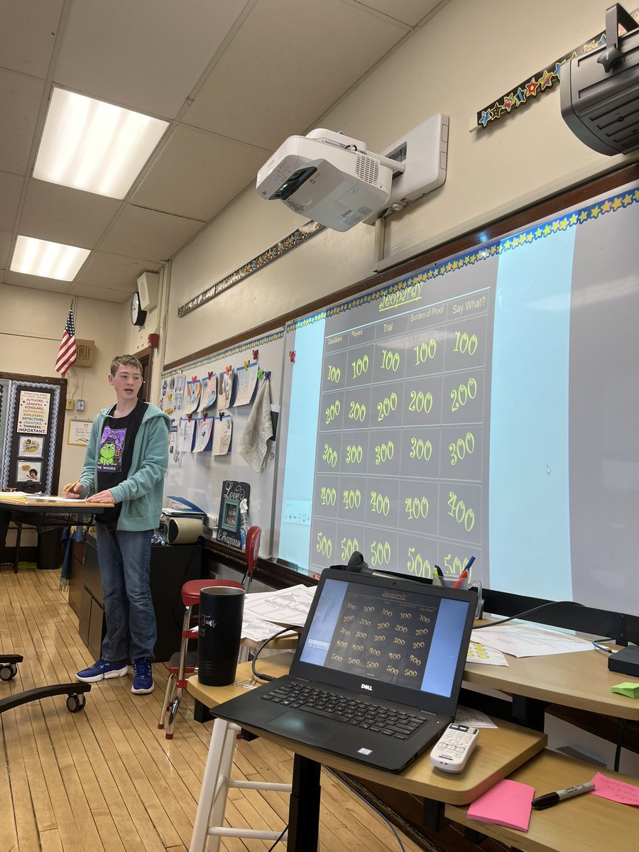 HigginsTeach's tweet photo. 8th Grade Law Adventure Jeopardy! Getting ready to write our trials! @EASchool https://t.co/Sfj2AWQtZe