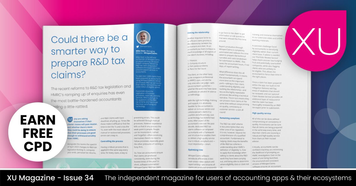 xumagazine's tweet photo. Could there be a smarter way to prepare R&amp;D tax claims?

Find out with @WhisperClaims in issue 34 of XU Magazine 👉 https://t.co/PDYiTHQ5Tm https://t.co/R2VhrMNNov