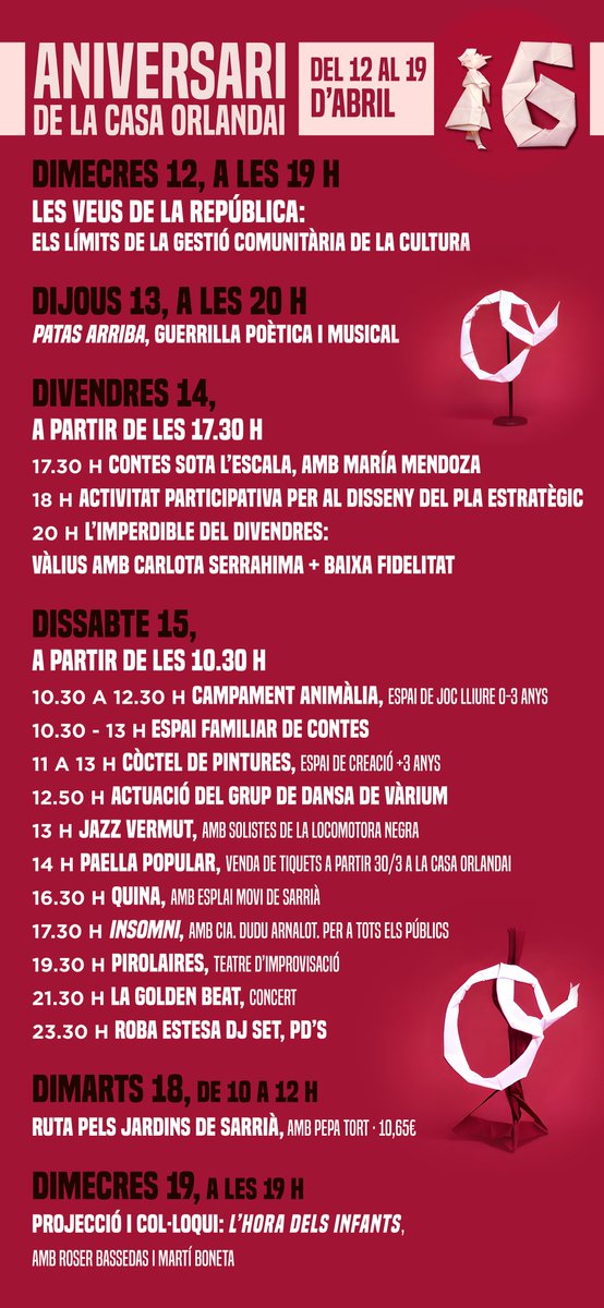 Casaorlandai's tweet photo. 🎉 ARRIBA EL 16è ANIVERSARI!
Encetada la primavera, aquesta és la teva per sortir de casa, celebrar i gaudir dels #16AnysCasaOrlandai
📆 Del 12 al 19 d'abril tindrem activitats per a tots els públics
🥘 I des d'avui els tiquets per la tradicional paella ja en venda a la Casa! https://t.co/WQyvmj90xi