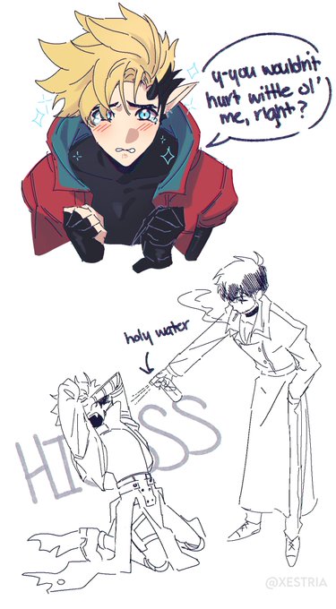 [more Demon AU]
Their first encounters involved Wolfwood trying and failing to exorcise Vash (he eventually learns why)

#TRIGUN https://t.co/y16QogTMSK 