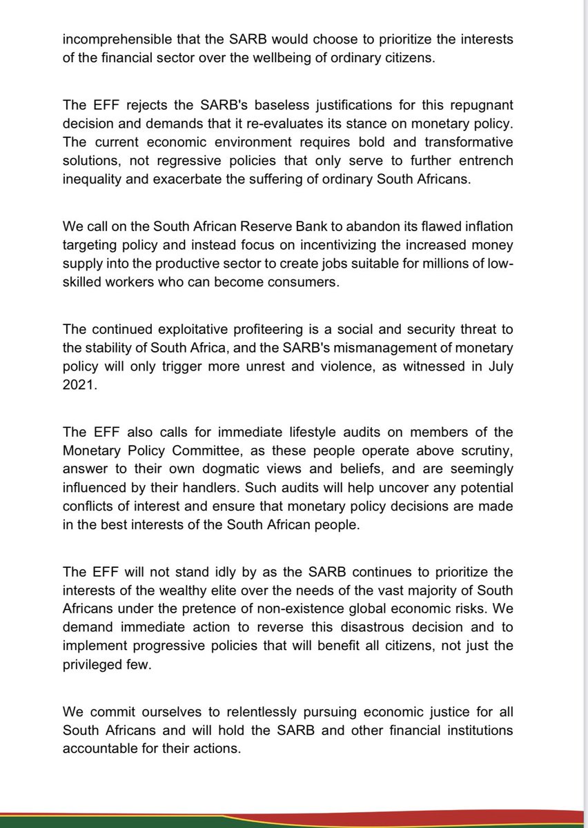 EFFSouthAfrica's tweet photo. EFF Statement On The South African Reserve Bank’s Shocking And Disgusting Repo Rate Increase Decision https://t.co/oY5mylyjvu