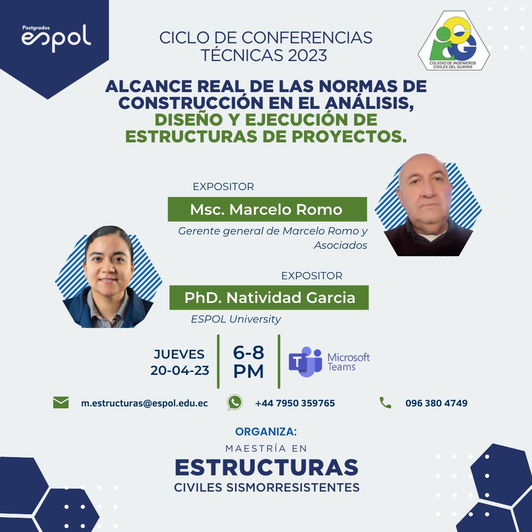 𝐂𝐢𝐜𝐥𝐨 𝐝𝐞 𝐂𝐨𝐧𝐟𝐞𝐫𝐞𝐧𝐜𝐢𝐚𝐬 2023 Maestría en Estructuras Civiles Sismorresistentes y <a href="/ColegioDeIngen6/">Colegio De Ingenieros Civiles Del Guayas</a> un espacio académico donde podrás conocer sobre temas innovadores el área de Estructuras
forms.gle/51tK2Htmb8Qrqu…  #SomosESPOL <a href="/EddySanclemente/">Eddy Sanclemente</a> <a href="/SamyHidalgo1990/">Samantha Hidalgo</a>