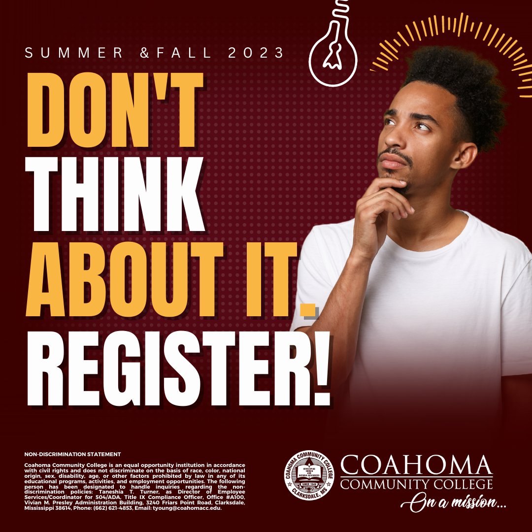 #TheTimeIsNow Don't think about it. REGISTER! Registration is open for the summer &amp; fall 2023 semesters. CCC provides students with quality and excellence. Your future begins at the Triple C! To register, visit  bit.ly/3x8ypAP. #CoahomaProud #Since1949