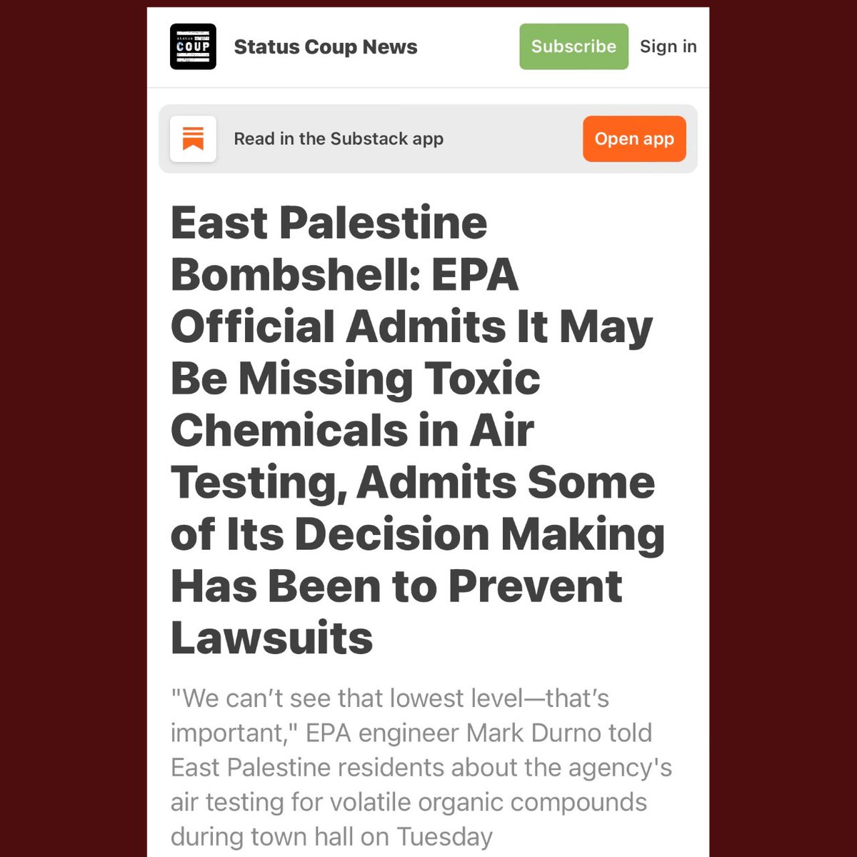 BREAKING: <a href="/EPA/">U.S. EPA</a> scientist says the agency never properly tested for toxins before telling Ohio residents to go home after the "chemical bomb" train disaster. A stunning admission of malfeasance.

A horrific corporate crime with an official cover-up.⬇️
statuscoup.substack.com