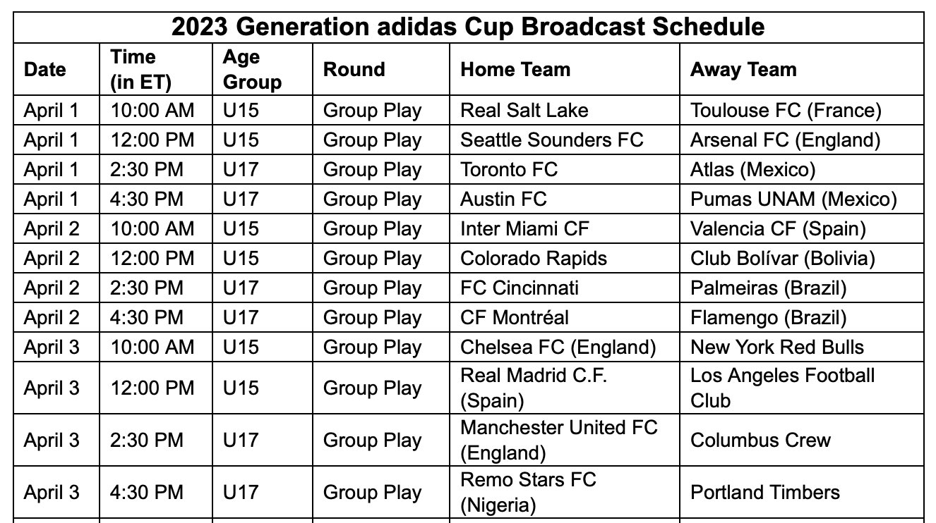 Philadelphia Soccer Now on Twitter "The schedule for Generation adidas