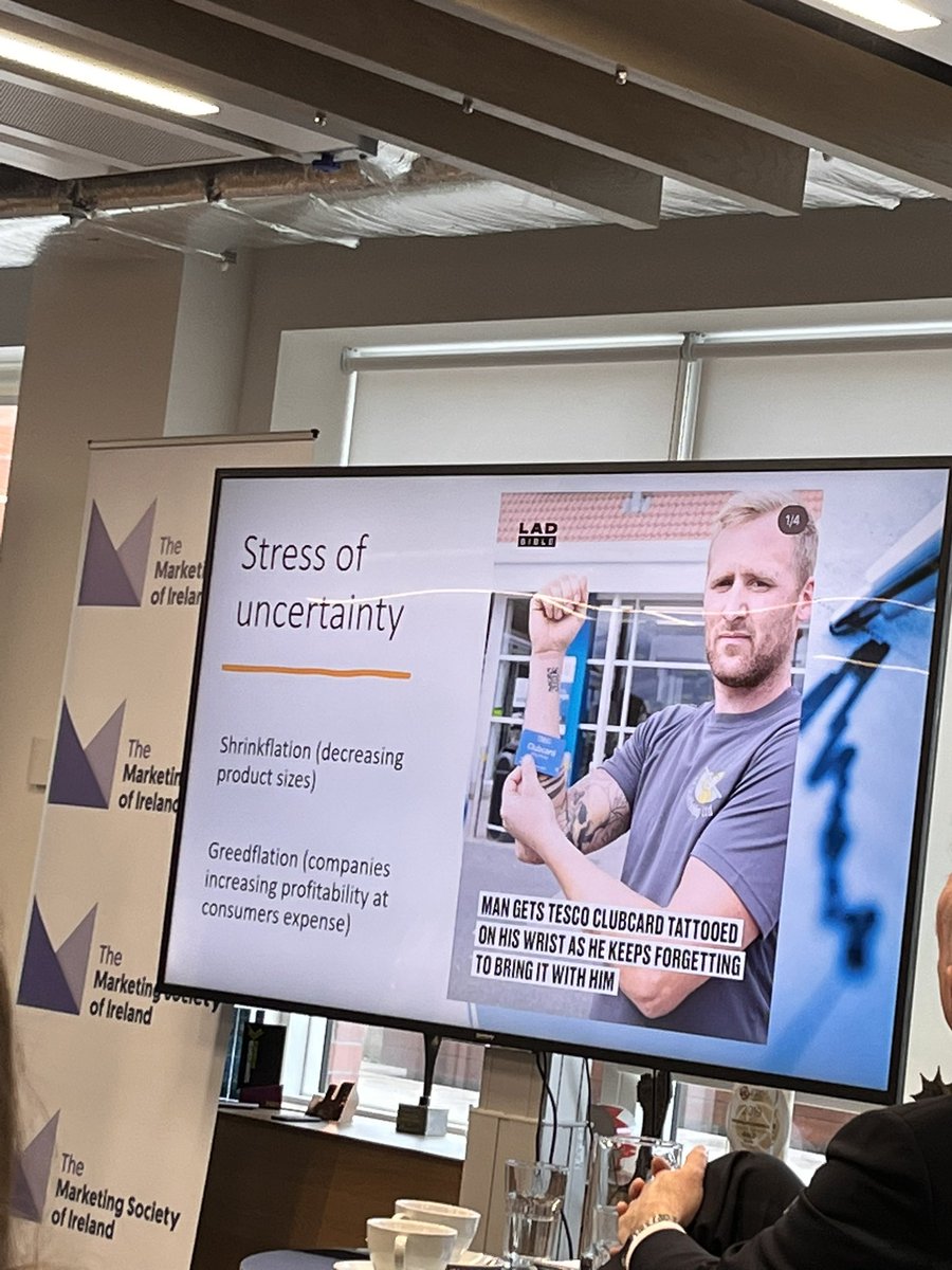 orlaithblaney's tweet photo. Dr Marija Grishin, Assistant Professor of Marketing @UCDDublin shared the length someone went too, to get a reduced shopping bill. Tattoo a @TescoIrl clubcard on your arm 🤣 because he always forgot it #insightfocus @Mktsociety @dentsuIE https://t.co/aDK703YCef
