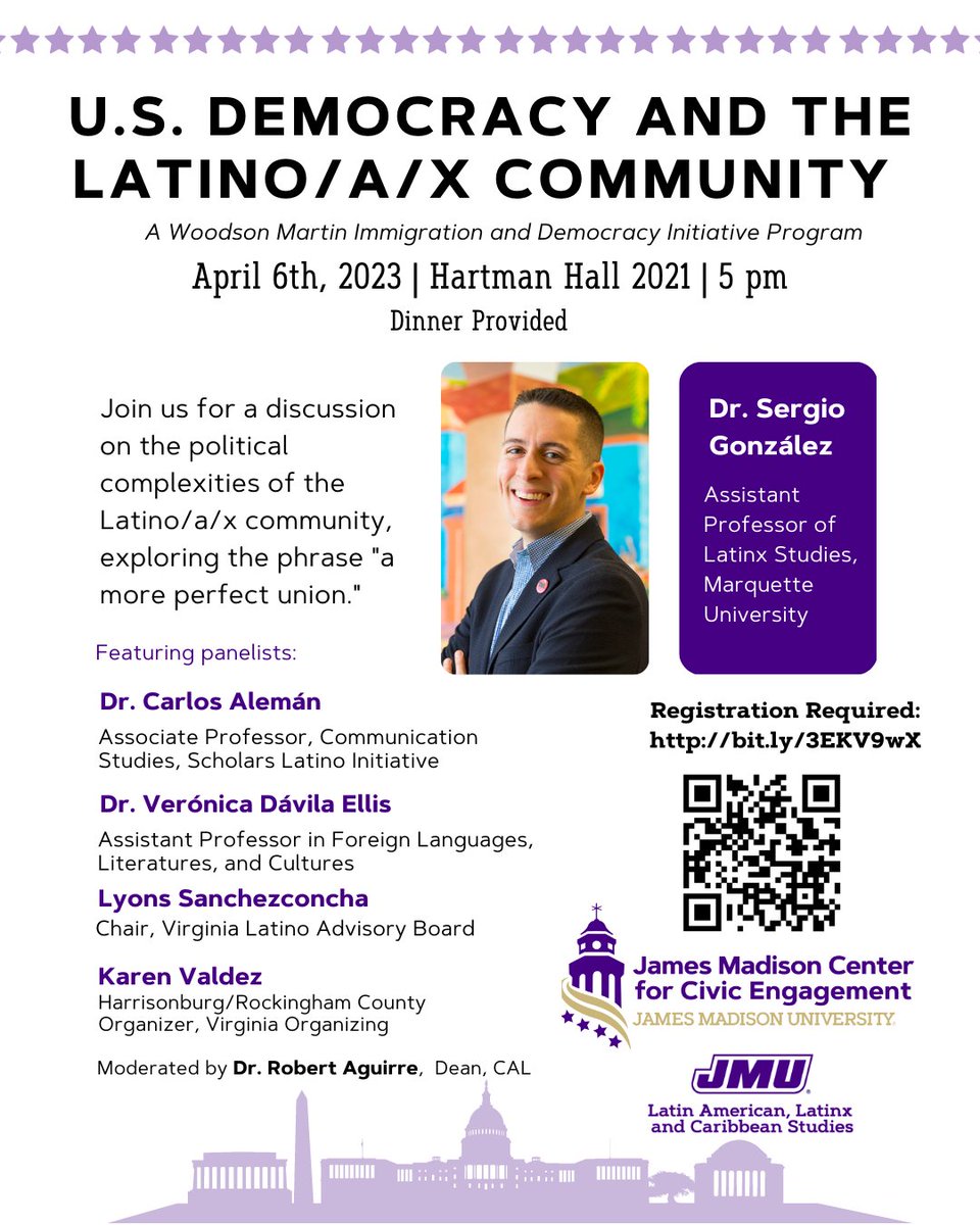 JMUCivic's tweet photo. We’re one week away from our symposium featuring Dr. Sergio González and a panel of esteemed faculty and community members discussing the political complexities of the Latino/a/x community. Register today: https://t.co/PzQsSYeHtw https://t.co/uWlEKcm74U