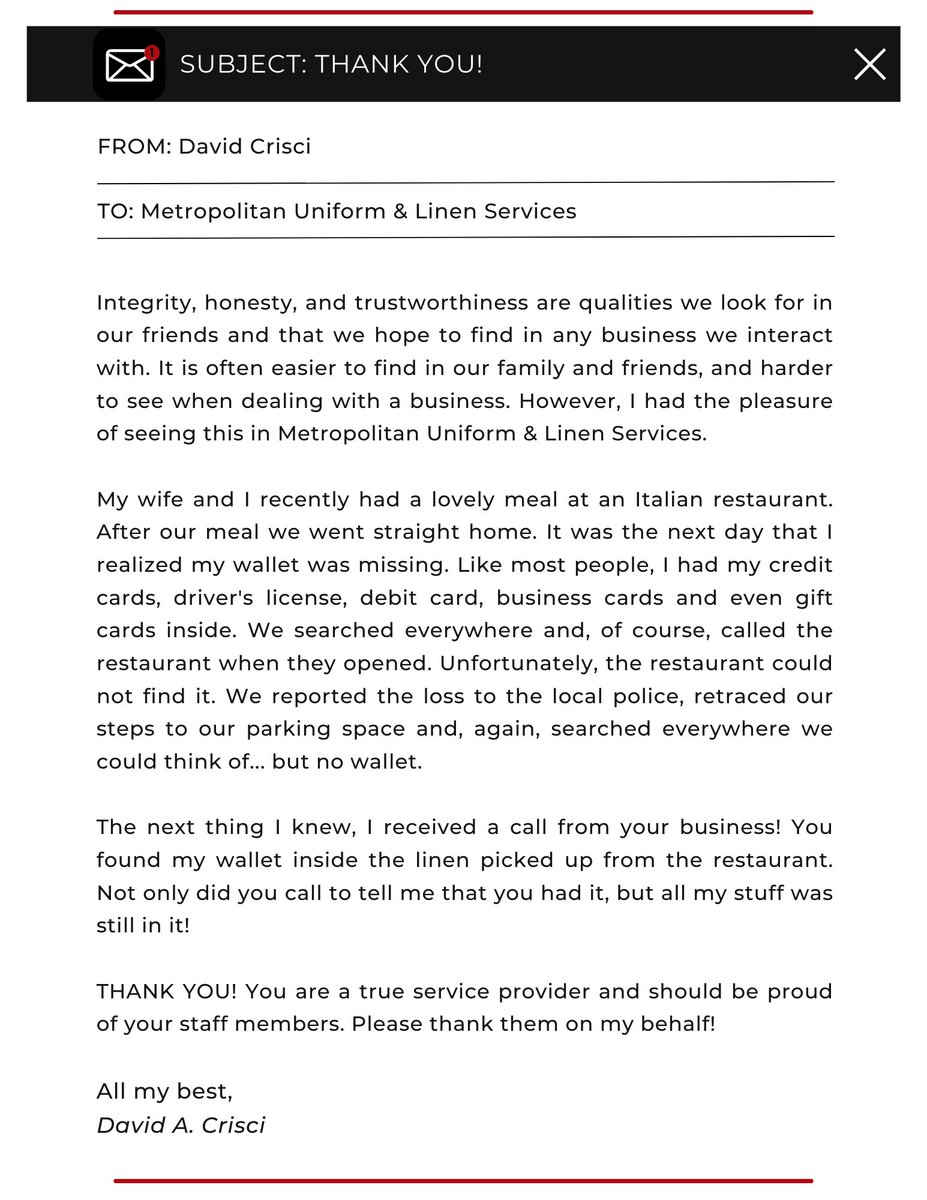 At Metropolitan Linen, we truly care about the communities we serve. Thank you for the kind words, David!