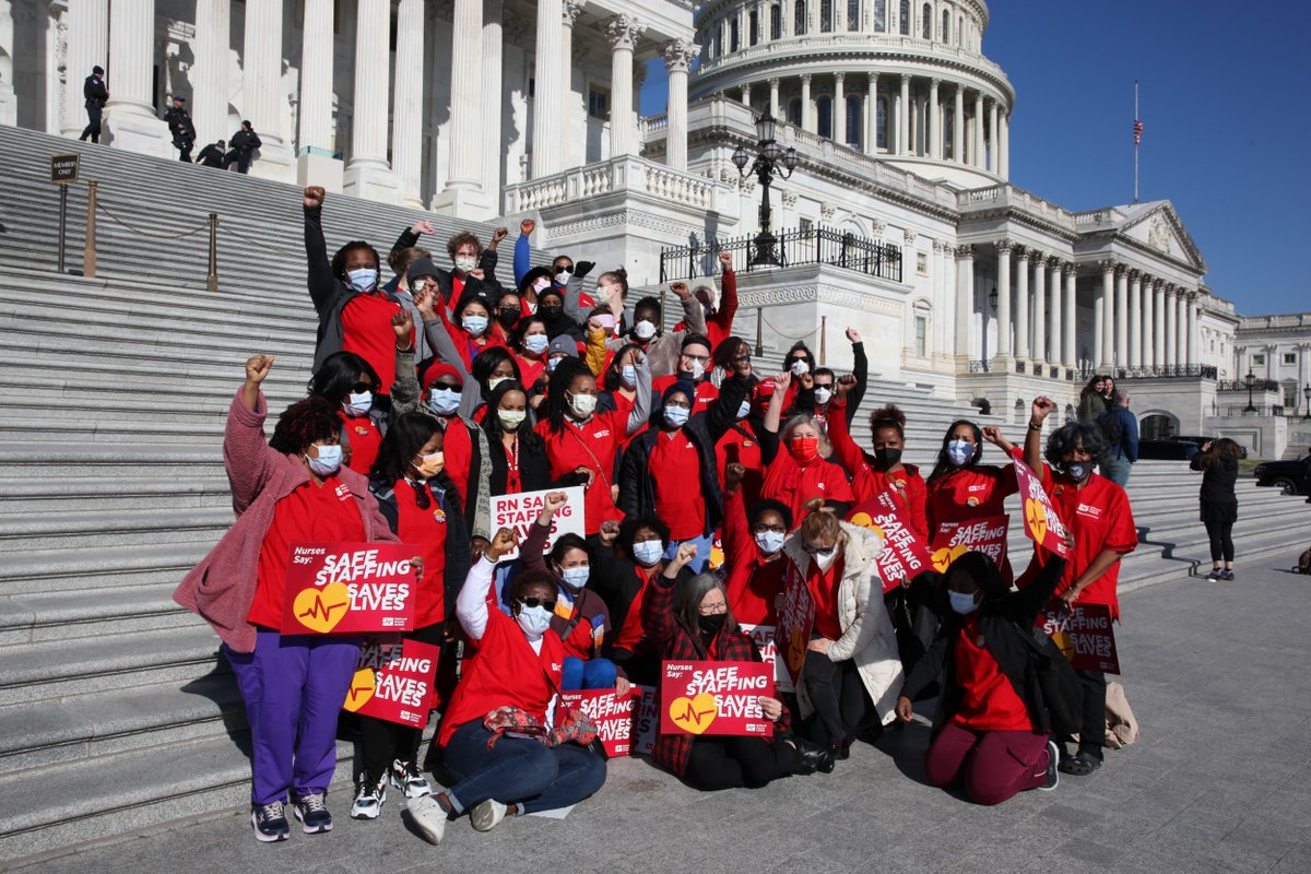 NationalNurses's tweet photo. The labor movement stands UNITED alongside our elected leaders @RepSchakowsky, @JamaalBowmanNY, and @RepJudyChu in introducing a historic @AFLCIO endorsed Nurse Staffing Standards for Hospital Patient Safety &amp; Quality Care Act! #SafeStaffingSavesLives https://t.co/lLE3eXQWCY