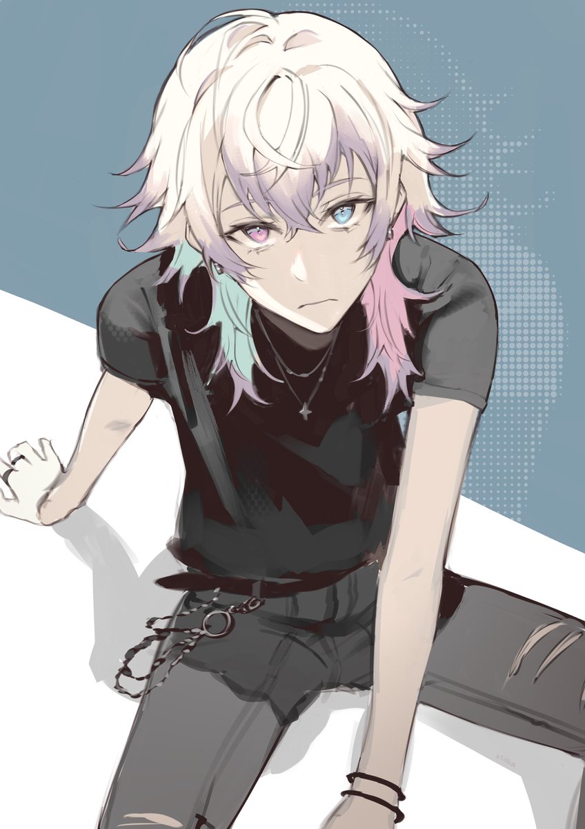 jewelry shirt pants 1boy solo pink hair male focus  illustration images