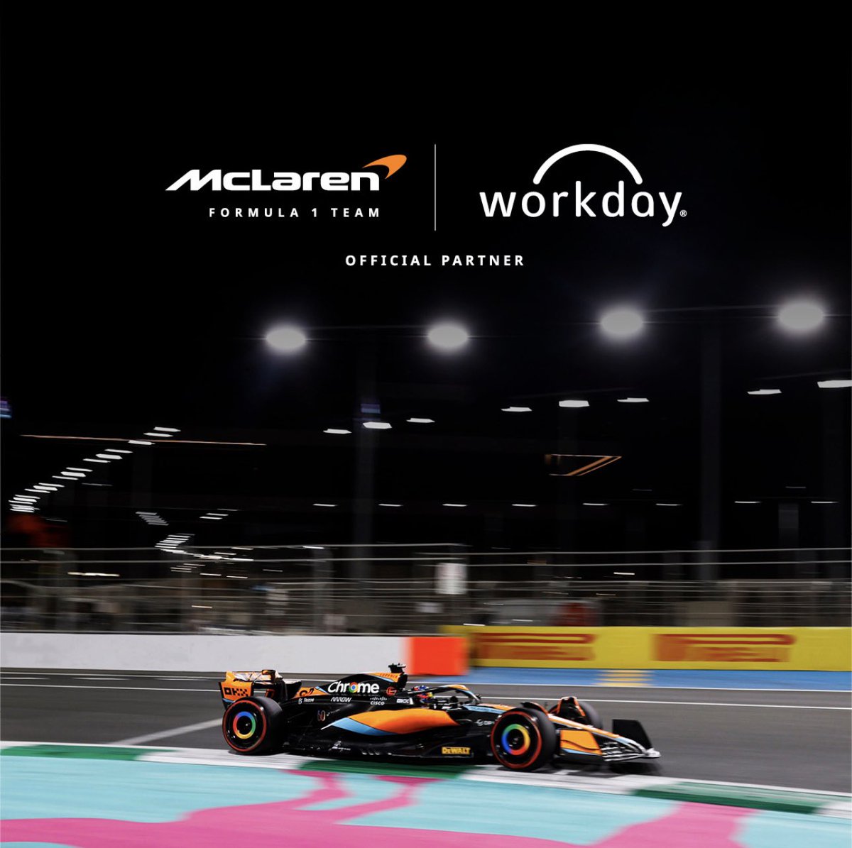 Workday's tweet photo. Excited to announce our multi-year partnership with the historic @McLarenF1 racing. In addition to becoming an official partner of the 2023 McLaren Formula 1 Team, McLaren will start using our financial planning software, joining our ever-growing community of sports partners. https://t.co/Gxv4V5FBak