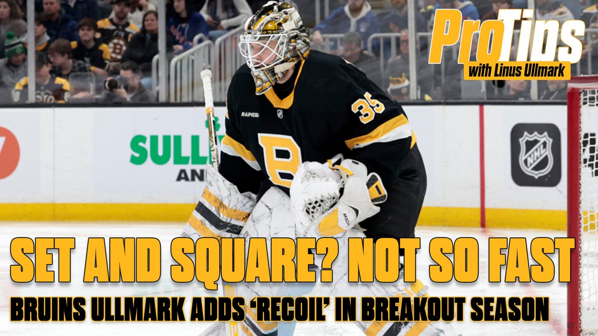 InGoalMedia's tweet photo. Linus Ullmark's Vezina Trophy-worthy season comes after re-thinking "set and square" as a foundation of goaltending, adding backwards flow to his game even on in-zone play and point shots. Ullmark and Bob Essensa explain the Bruins "recoil" philosophy:  https://t.co/gMb68rICBW https://t.co/6jOSUZm2aw
