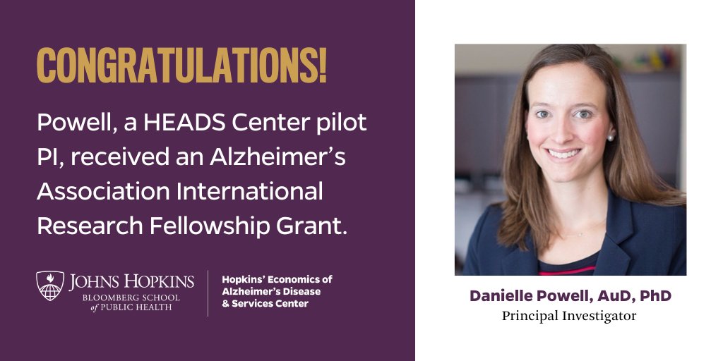 A year 3 HEADS pilot PI and <a href="/BSPH_HPM/">BSPH / HPM</a> postdoc fellow, <a href="/DanielleSPowell/">Danielle S. Powell</a>, was awarded a grant from the <a href="/alzassociation/">Alzheimer's Association</a> for her research “Supporting the Needs of Care Partners of Persons with Dementia and Hearing Loss,” which uses preliminary data from her pilot. Way to go! #ENDALZ