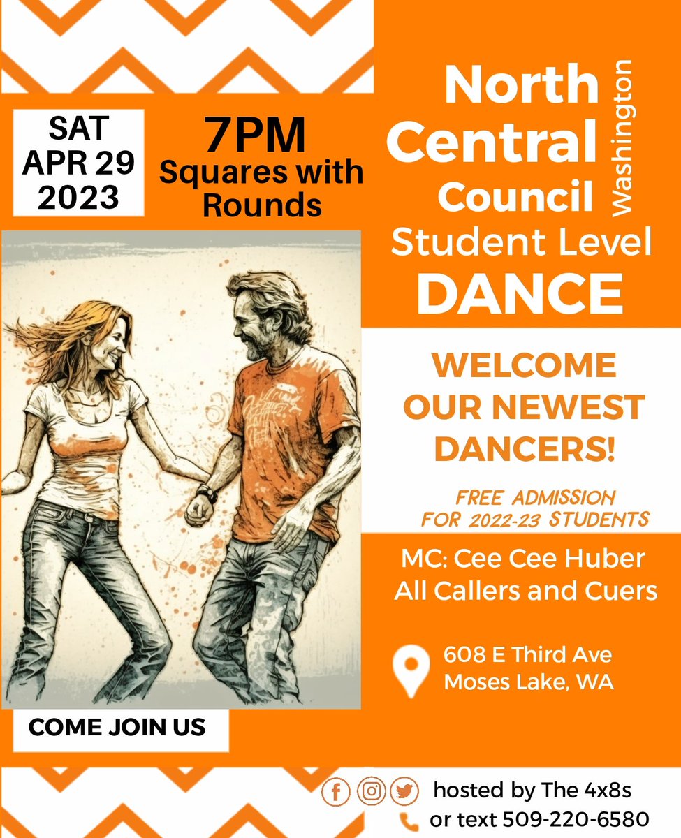 The4x8s's tweet image. North Central Council
all current and recent (2022‐2023) students &amp;amp; experienced dancers
level dance 4-29-23 @ 7pm
All callers &amp;amp; cuers

 #northcentralcouncil #the4x8s #rounddancing #rounddance #squaredancing #studentleveldance #mainstreamsquaredance #dance #dancing #squaredance