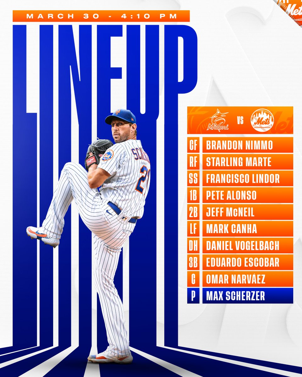 Mets's tweet photo. Our #OpeningDay lineup! #LGM

🆚 Miami
💪 @Max_Scherzer
📺 @SNYtv, @MLBNetwork
📻 @wcbs880 https://t.co/gHepDpC4i8