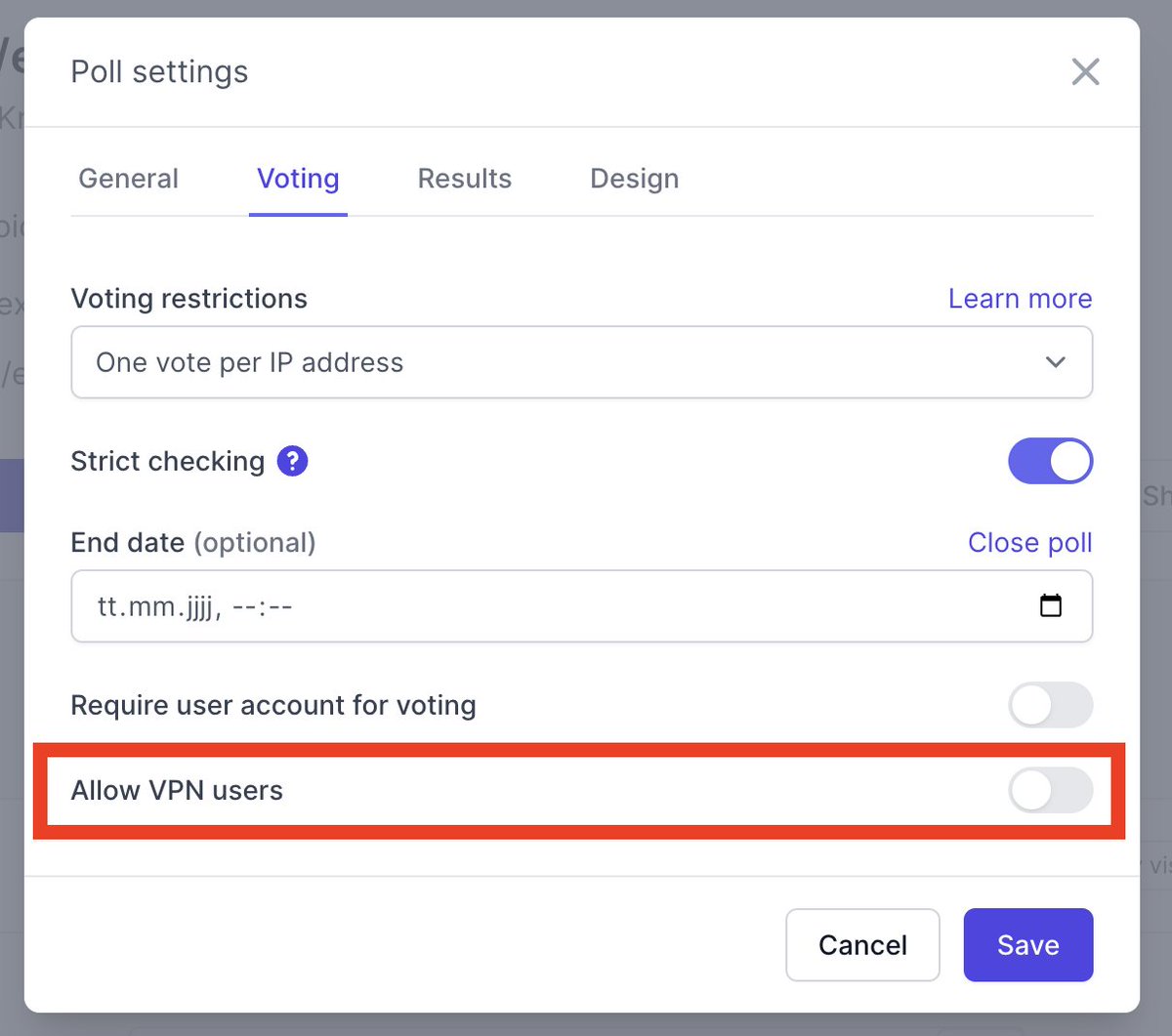StrawPollcom's tweet photo. @OptiSean @hmeisler By default, VPN users are excluded because it is easy to spoof one's IP to be able to vote multiple times. However, this is an optional restriction that the poll creator can turn on or off. https://t.co/SaYwA3WQzM