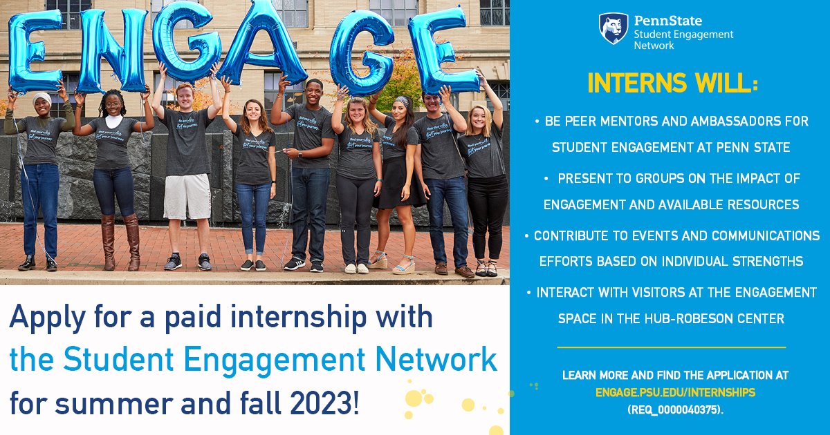 PSU_Undergrad's tweet photo. Undergrads passionate about student engagement are encouraged to apply for a paid internship with @EngagePennState! 🌟SEN interns staff the Engagement Space, communicate with stakeholders, and create social media content.

Find details at https://t.co/gTgc7chnjZ. #EngagePennState https://t.co/9lXmbxNZ0s