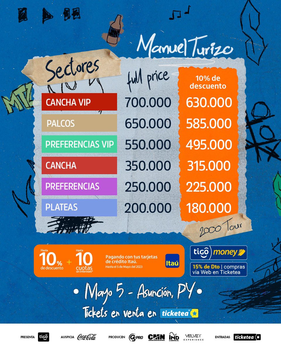 G5pro's tweet photo. 🫦🔥Vamo' a pasar un buen rato con MANUEL TURIZO en 🇵🇾
Obtené tus Entradas con Tiempo☝🏻
🗓️ 5/Mayo
📍SND
➕Info Camarotes https://t.co/hCRrzGoMFl
🎟️ Entradas @ticketeapy
👉Beneficios
🔹Tarjetas Itaú 10% Dto.
🔹Tigo Money 15 % Dto. Online
#ManuelTurizoPy #2000Tour https://t.co/8VjBJV9zd2