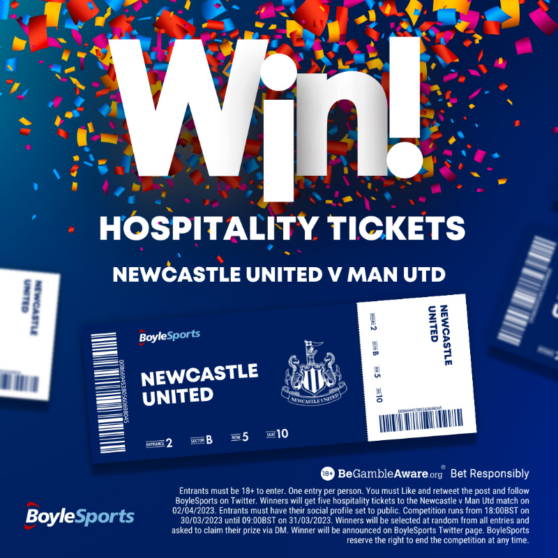 BoyleSports's tweet photo. 🔙 Coming back from the international break in a big way!

🎟 We're giving away hospitality tickets to the #NUFC v Man Utd match on Sunday.

To enter:
✅ Follow @BoyleSports
🔁 RT this post

🔞 18+. T&amp;Cs apply.