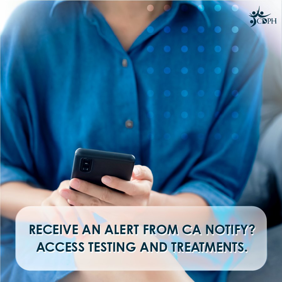 CAPublicHealth's tweet photo. Did you receive a #COVID19 exposure notification from CA Notify? Easily test at home and contact your doctor immediately if you're positive to discuss treatment options. Make sure to use #canotify to alert anyone you may have exposed. Learn more: https://t.co/e0blrKJbQH. https://t.co/ATrDsx09Xl
