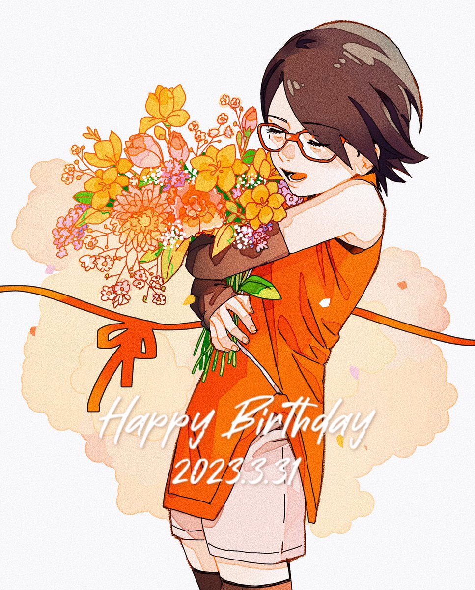 1girl glasses flower solo short hair happy birthday closed eyes  illustration images