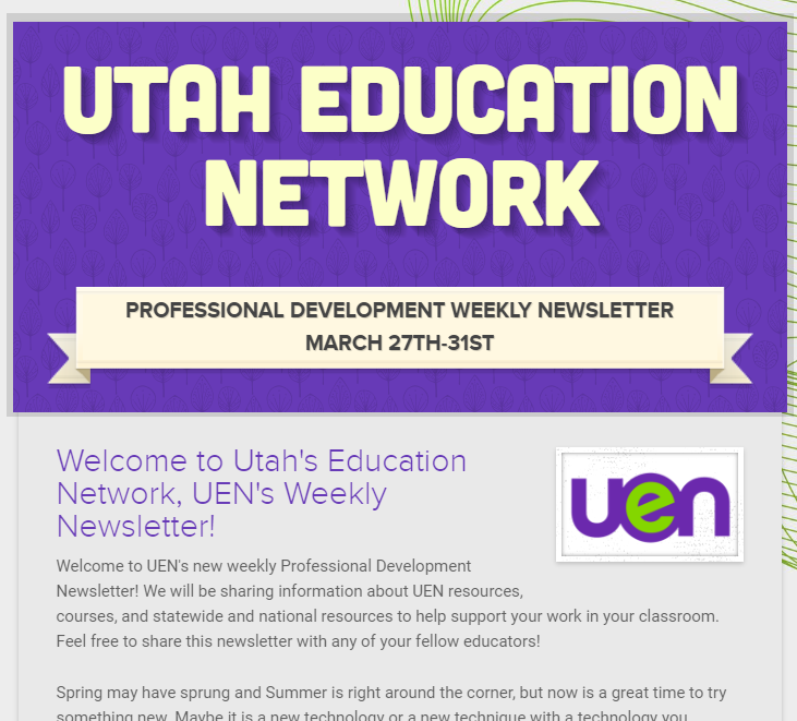 TeacherWinters's tweet photo. Excited to share the first @uennews Professional Development Newsletter! Links to all the videos, courses, podcasts, and more. Check it out below and subscribe for weekly updates and resources! #uted #education 

https://t.co/eLcLjmCpLv https://t.co/VJhx9EygZs
