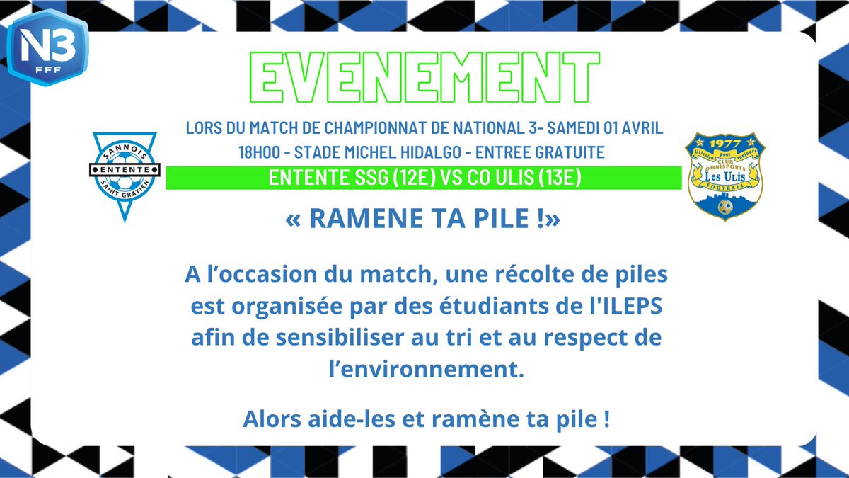Entente_SSG's tweet photo. 🎉 𝙀́𝙑𝙀́𝙉𝙀𝙈𝙀𝙉𝙏
« Ramène ta pile !»
A l’occasion du match contre Ulis ce samedi 1 avril, des étudiants de #Ileps - Officiel organisent une récolte de piles afin de sensibiliser au tri et au respect de l’environnement.
Alors aide-les et ramène ta pile ! https://t.co/zbdTtC9e6M