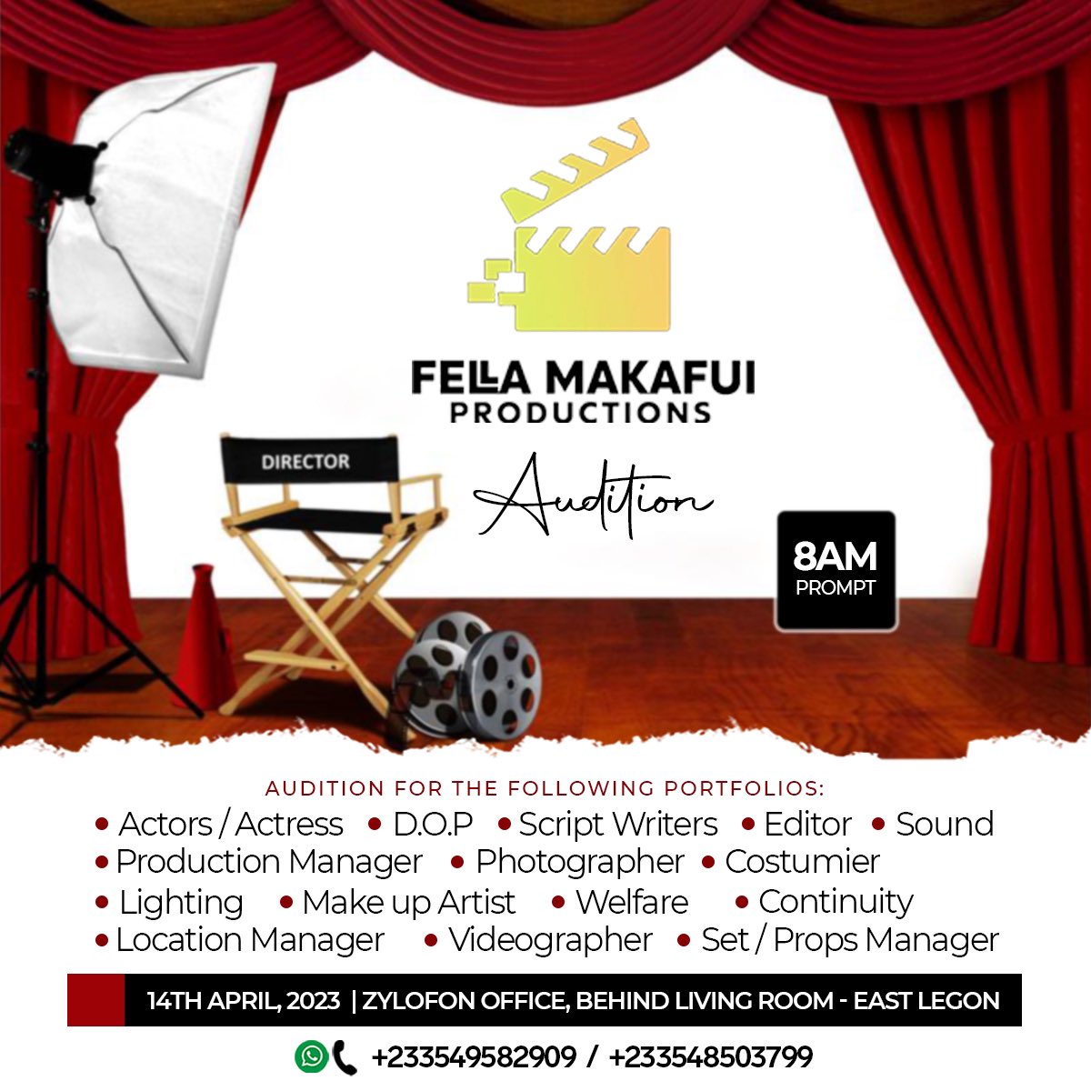 fellamakafui_'s tweet photo. We are happy to announce that FELLA MAKAFUI PRODUCTION will be having an auditions to select: Actors/Actresses, DOP, Scriptwriters, Editors, Sound, Production Manager, Photographer, Costumier, Lighting, Make up Artist, Videographer, Set/Props Manager, Welfare, Location https://t.co/ym4GwXxeys