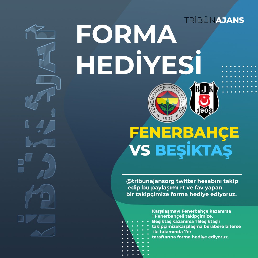 FORMA HEDİYESİ!
➡️Derbiyi Fenerbahçe kazanırsa 1 Fenerbahçeli takipçimize
➡️Derbiyi Beşiktaş kazanırsa 1 Beşiktaşlı takipçimize
➡️Derbi berabere sonuçlanırsa iki takımdan 1'er takipçimize forma hediye ediyoruz.

📌Yapmanız gerekenler bu paylaşıma rt ile fav yapıp bizi takip