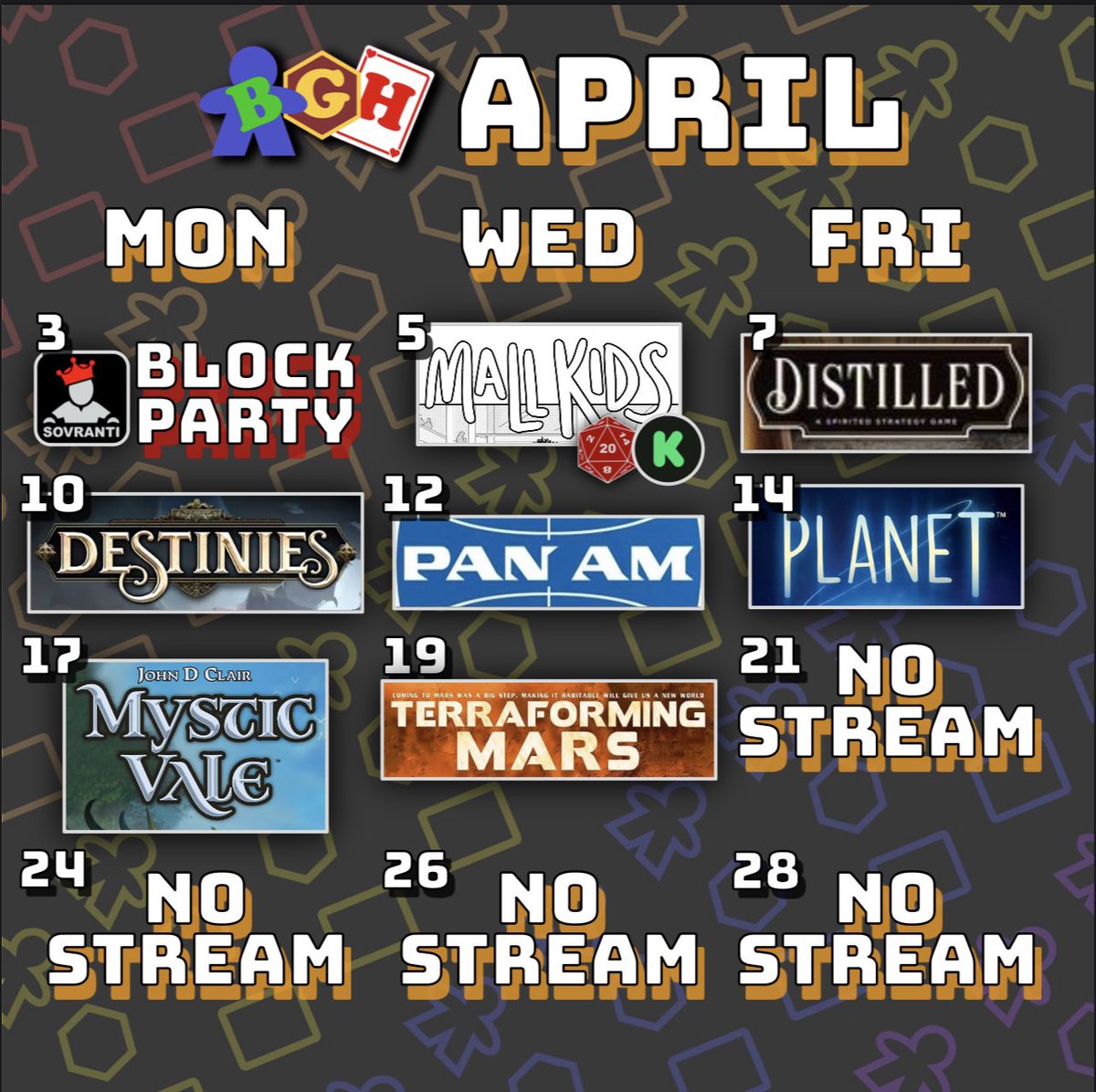 Here is our full #April schedule! A #Kickstarter preview for #MallKids, the brand new game #Distilled, & 2 birthday streams!! Twitch.tv/BoardGameHouse 

#boardgames #tabletop #boardgamesofinstagram #newgames