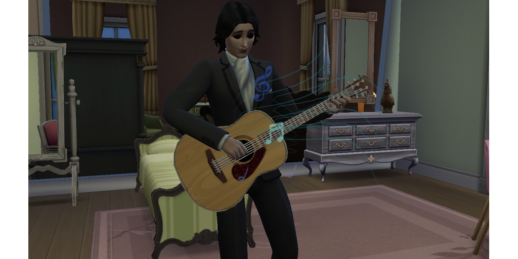 a sims 4 version of kieran valentine playing the guitar.