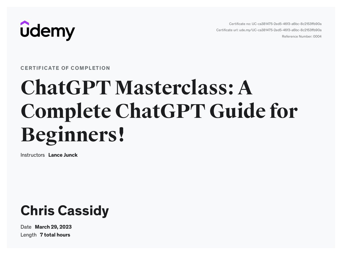 ChrisPCassidy's tweet photo. Just completed the ChatGPT Masterclass course and it's a game-changer! 💪 Now I can use AI to analyze customer feedback, generate personalized responses, create compelling ad copy, and more. Thanks, ChatGPT Masterclass! #ChatGPTMasterclass #AI #Marketing @udemy https://t.co/UDkxdj7aYb