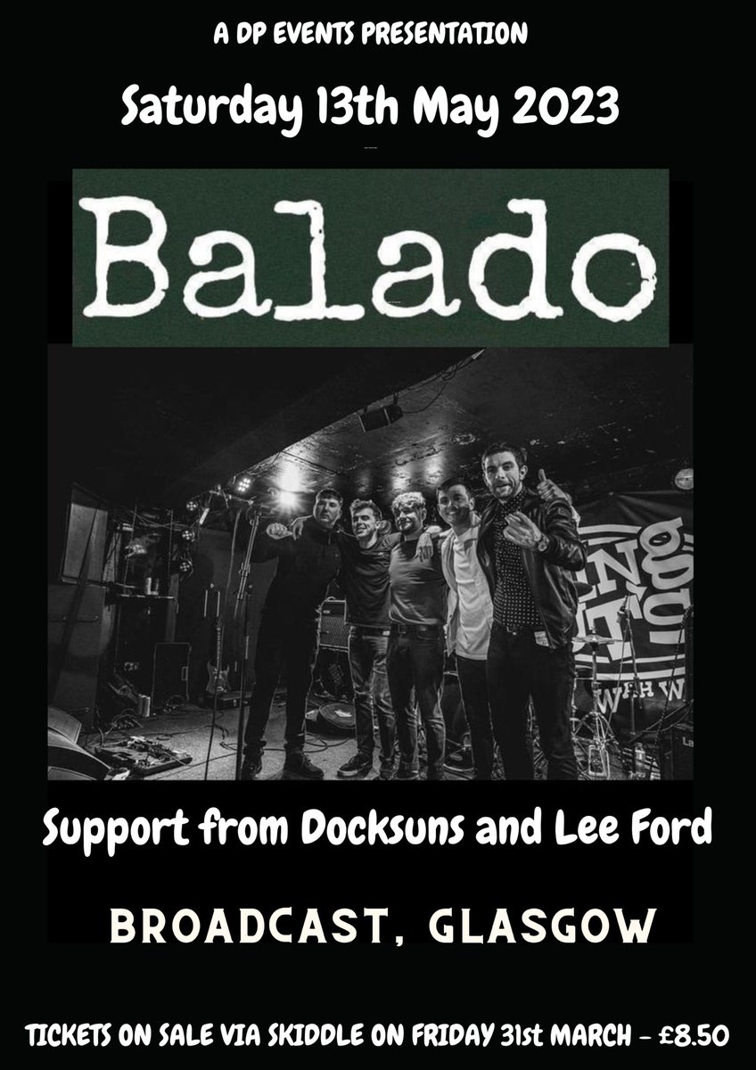 💥GLAS-F’IN-GOW💥 Sat 13th May 2023 Headliners: @Balado_band Support: @DOCKSUNS & @LeeFordMusic Venue: @BroadcastGLA Tickets: Friday 10am 👇 skiddle.com/e/36326571