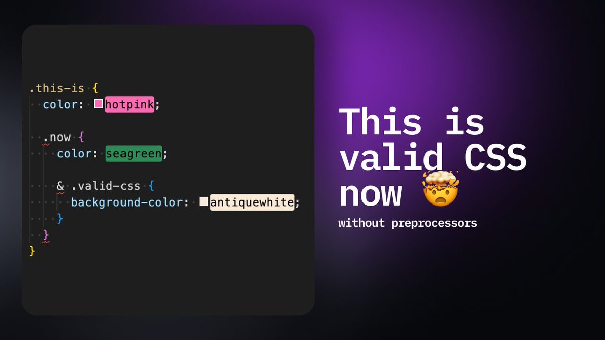 JeroenReumkens's tweet photo. Even though my linting rules don't agree yet, this is now becoming valid CSS 🤩 It is available right now in Chrome. Amazing to see one of the best features of preprocessors landing in plain CSS!

See here: https://t.co/PUbjDv29Ul https://t.co/LGOc67ACaf
