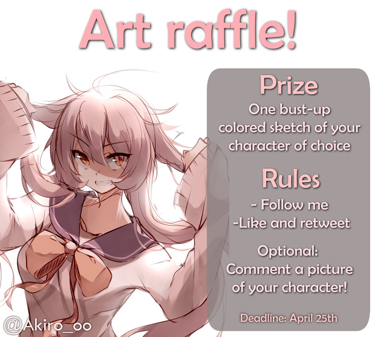 Doing my first art raffle!✨

How to enter:
🌿Follow me
🌿Like and retweet this post
🌿Optional: Comment with a picture of your character!

The raffle ends April 25th, and I'll randomly choose a winner who gets a bust-up colored sketch!
#artraffle #draw #drawing #art #digitalart