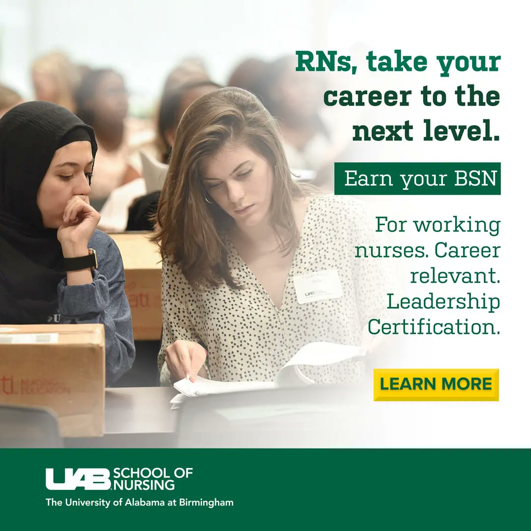 Are you a registered nurse looking to further your education? UAB School of Nursing's RN to BSN and RN to MSN Pathways focus on advanced nursing concepts, leadership and evidence-based practice. 

Learn more about the RN to BSN and RN to MSN Pathways: buff.ly/3Fyy2pM