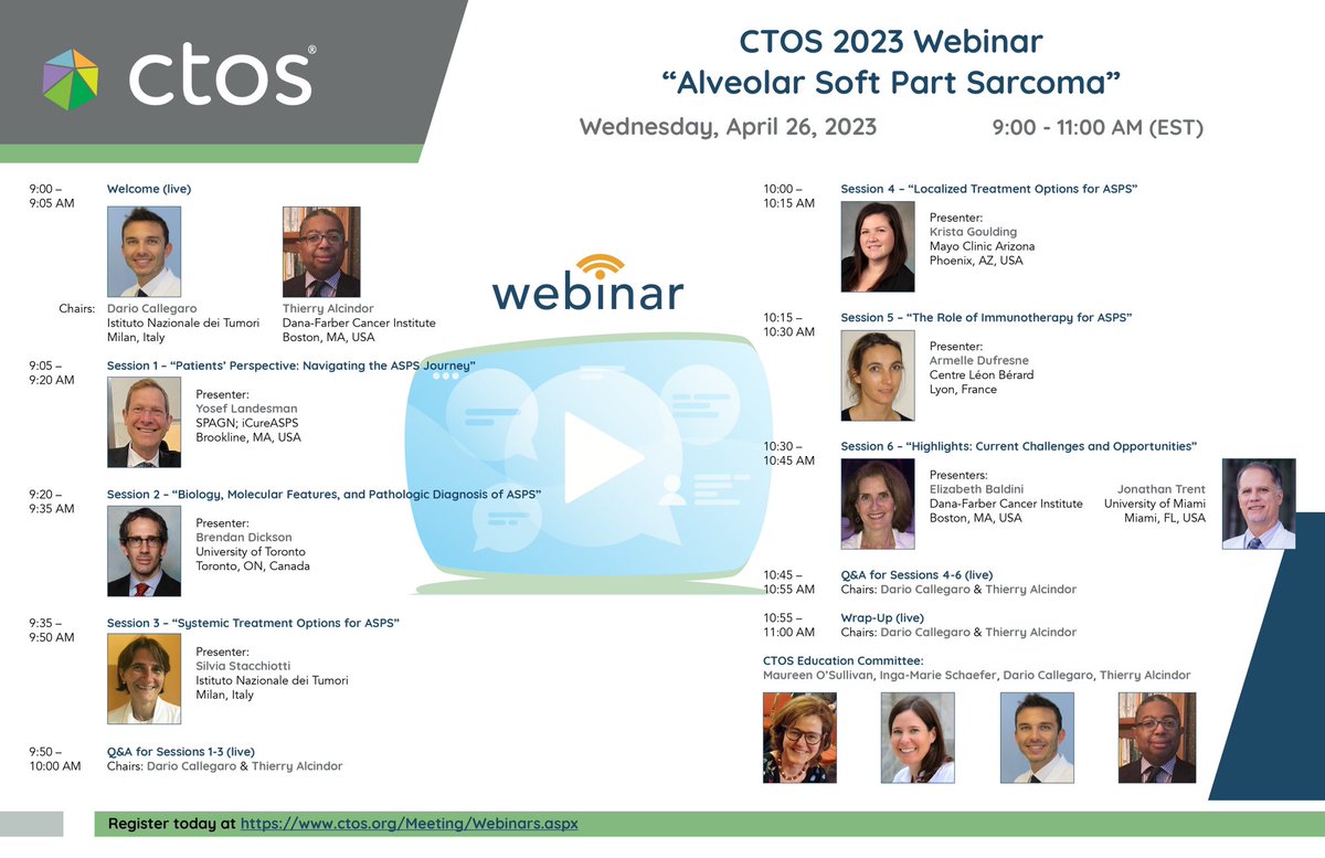 Inga-Marie Schaefer (@im_schaefer) on Twitter photo Looking forward to the second <a href="/ctosociety/">CTOS</a> #webinar co-chaired by #sarcoma experts <a href="/DCalleMD/">Dario Callegaro</a> and <a href="/Thalcin/">Thierry Alcindor, MD, MSc</a>! Join us on April 26 for educational content and lively discussions on the diagnosis & management of Alveolar Soft Part Sarcoma (#ASPS).
Register here: ctos.org/Meeting/CTOS20⦠Looking forward to the second <a href="/ctosociety/">CTOS</a> #webinar co-chaired by #sarcoma experts <a href="/DCalleMD/">Dario Callegaro</a> and <a href="/Thalcin/">Thierry Alcindor, MD, MSc</a>! Join us on April 26 for educational content and lively discussions on the diagnosis & management of Alveolar Soft Part Sarcoma (#ASPS).
Register here: ctos.org/Meeting/CTOS20ā¦