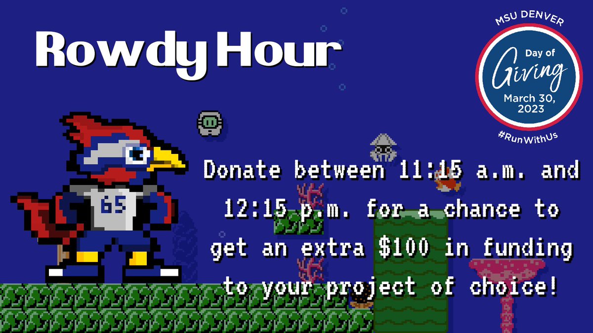 It's Rowdy Hour! Anyone that gives between 11:15 a.m. and 12:15 p.m. will be entered into a drawing for a bonus $100 towards the project of their choice! Let's get Rowdy! 

Make a gift▶️ msudenver.me/DOG-2023

#RunWithUs