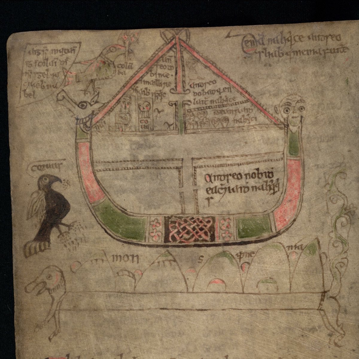 eDIL_Dictionary's tweet photo. Noah's Ark from a manuscript by Adhamh Ó Cianáin of Fermanagh (d. 1373)
The mountains of Armenia below 🏔️ the dove in the top left 🕊️ and separate areas for the birds, the horses and the girls!
#DateoftheDay
(c) NLI, MS G3 f. 16v Image: @isos https://t.co/gGMcdZGqAW