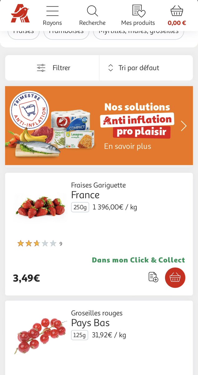 catsyma's tweet photo. Les #fraises les plus chères de France chez   @AUCHAN_France Meriadeck à #Bordeaux 1396€ le kilo 🤣 solution #antiinflation https://t.co/tygCzvXWqX