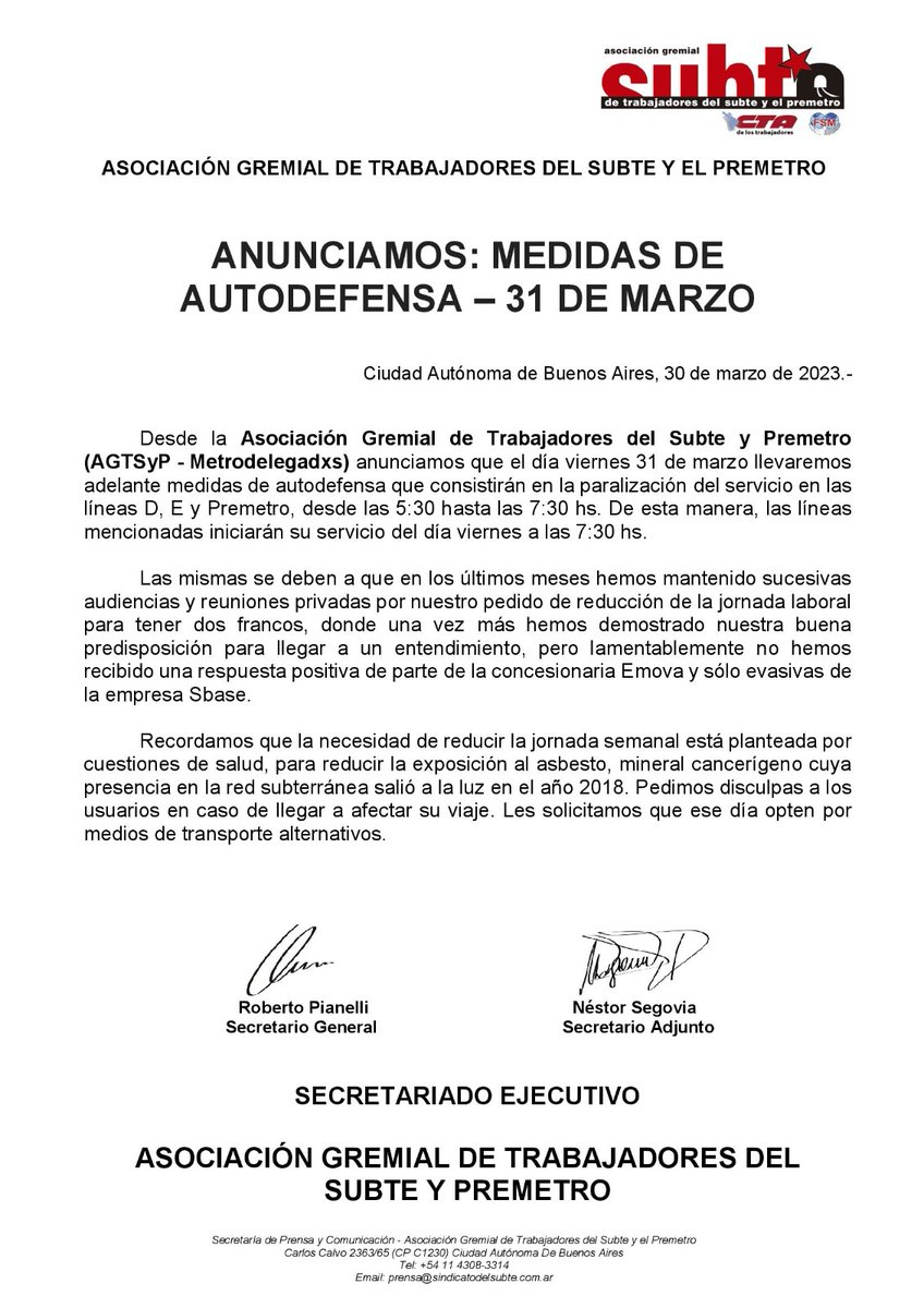 Fedelacroz's tweet image. ATENCION
Mañana viernes 31 los trabajadores del #Subte pararemos #LineaD #LineaE #Premetro d 5:30 a 7:30. Exigimos mejoras en las condiciones laborales en defensa d nuestra salud.
@basubte @Emova_arg @horaciorlarreta