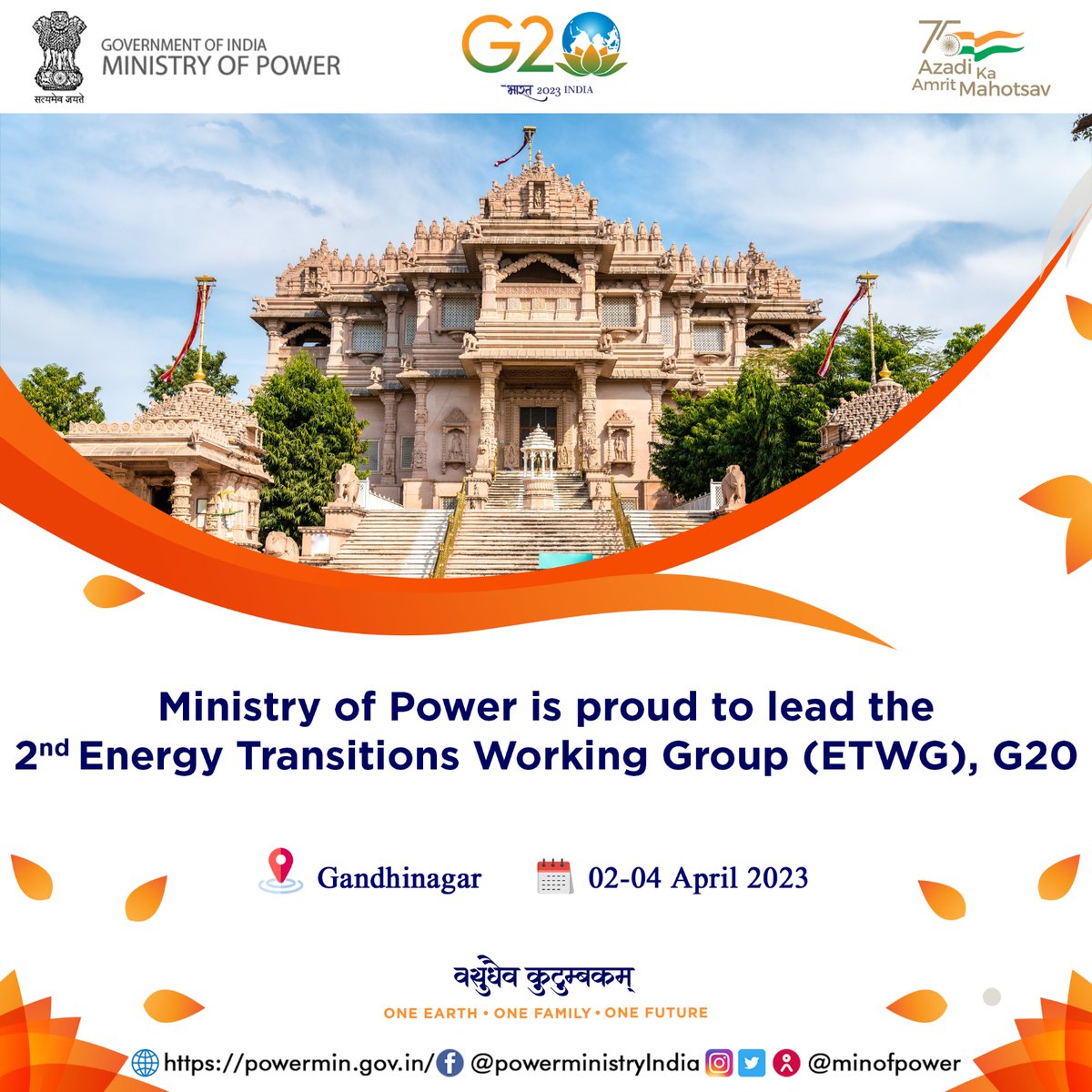 The Second Energy Transitions Working Group Meeting is set to take place in Gandhinagar, Gujarat from 2-4 April, 2023.

Join us in ushering in a new era of clean and sustainable energy! 

<a href="/g20org/">G20 United States</a>
<a href="/OfficeOfRKSingh/">Office of R.K. Singh</a>

#G20 | #EnergyTransition | #ETWG | #Gandhinagar