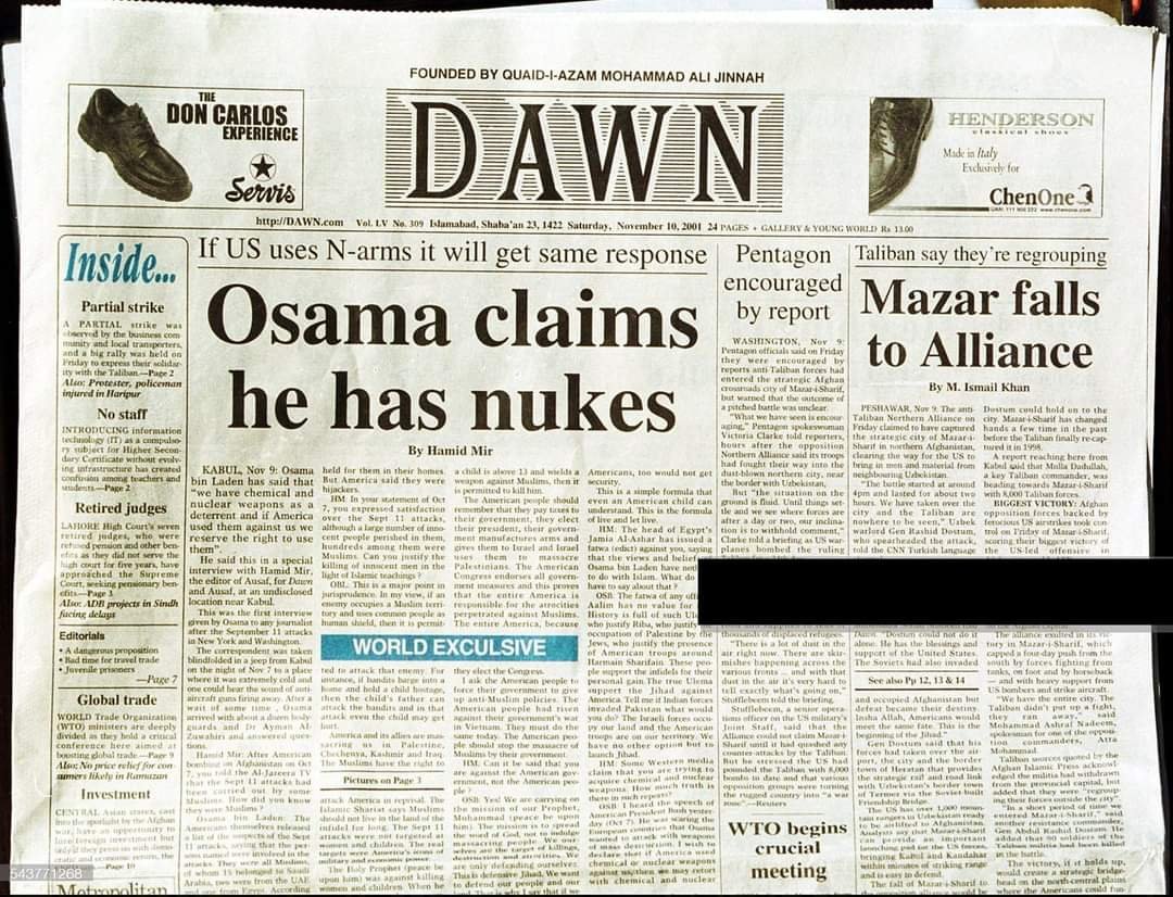 @Obibhatti 500%True...you know in 2001 Hamid mir interviewed Osama and cleared ground for America to attack on Afghanistan by claiming that Osama had a nuclear bomb.