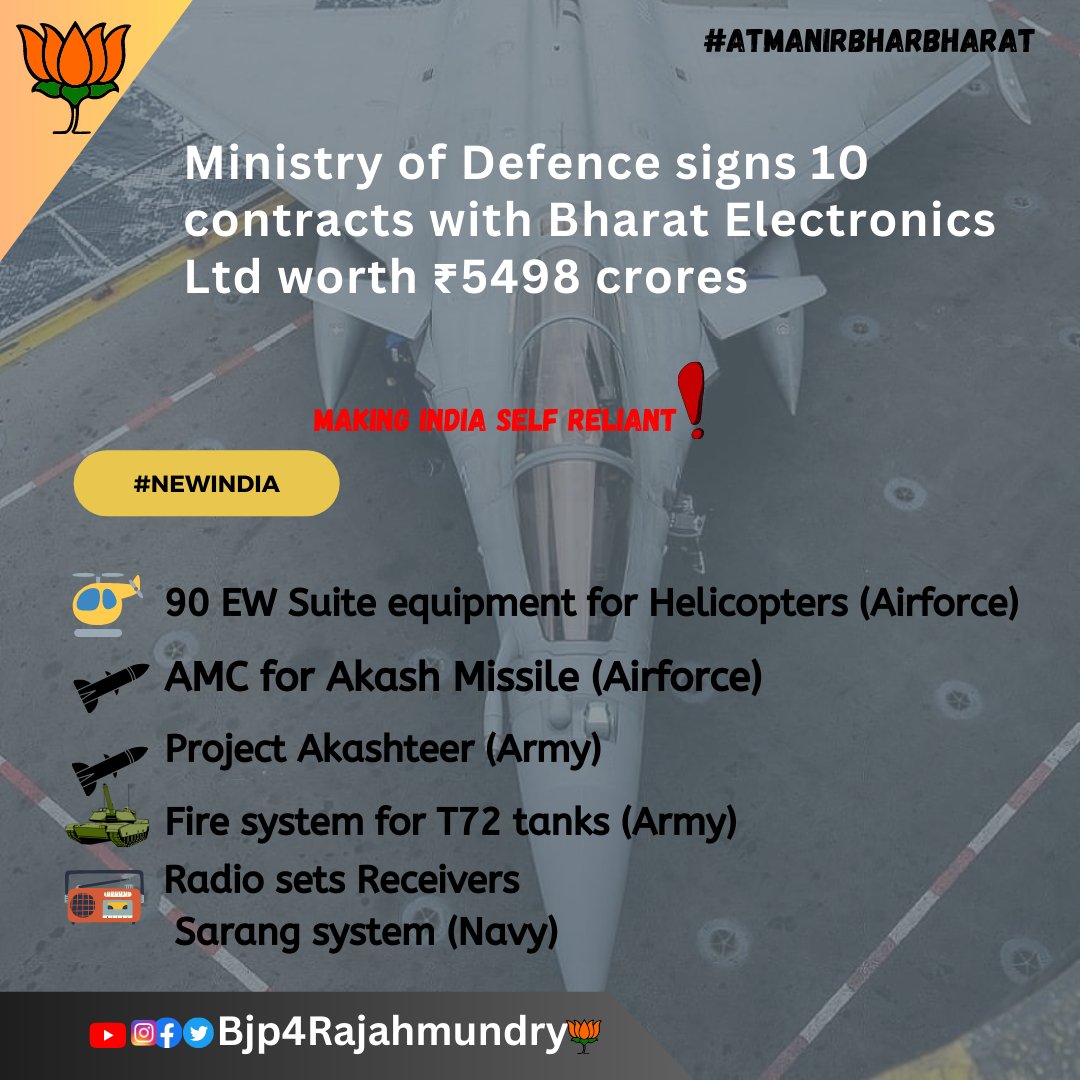 Bjp4Rajahmundry's tweet photo. Ministry of Defence 🇮🇳 signs 10 contracts with Bharat Electronics Ltd worth ₹5498 crores!!
#Atmanirbharbharat
#MakingIndiaSelfReliant
#GloriousBJPGovt
@somuveerraju
@SVishnuReddy https://t.co/fXeNVVmb5E