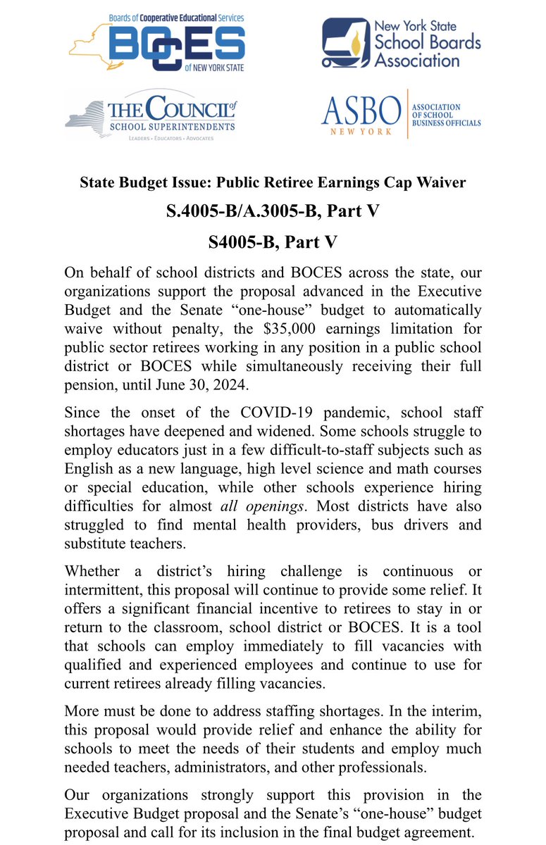 Greg Berck (@greg_berck) on Twitter photo <a href="/NYSchoolSupts/">NYSCOSS</a> <a href="/BOCESofNYS/">BOCES of New York</a> <a href="/nyschoolboards/">New York State School Boards Association</a> <a href="/ASBONewYork/">ASBO New York</a> memo urging legislature to extend waiver of retiree earning limits for schools. The employment environment is just as challenging as the last few years and flexibility is needed. <a href="/Stacey23AD/">Stacey Pheffer Amato</a> <a href="/ShelleyBMayer/">Senator Shelley Mayer</a> <a href="/mikebenedetto82/">NYS Assembly Member Michael Benedetto</a> <a href="/NYSchoolSupts/">NYSCOSS</a> <a href="/BOCESofNYS/">BOCES of New York</a> <a href="/nyschoolboards/">New York State School Boards Association</a> <a href="/ASBONewYork/">ASBO New York</a> memo urging legislature to extend waiver of retiree earning limits for schools. The employment environment is just as challenging as the last few years and flexibility is needed. <a href="/Stacey23AD/">Stacey Pheffer Amato</a> <a href="/ShelleyBMayer/">Senator Shelley Mayer</a> <a href="/mikebenedetto82/">NYS Assembly Member Michael Benedetto</a>