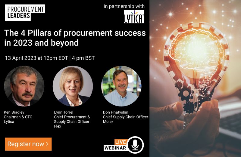 🚨 Reminder to register for The 4 Pillars of Procurement Success in 2023 and Beyond Webinar 🚨

Join supply chain industry experts to discuss the 4 key areas #procurement leaders need to focus on to navigate the ever-changing landscape.

Register 👇

bitly.ws/CjRh