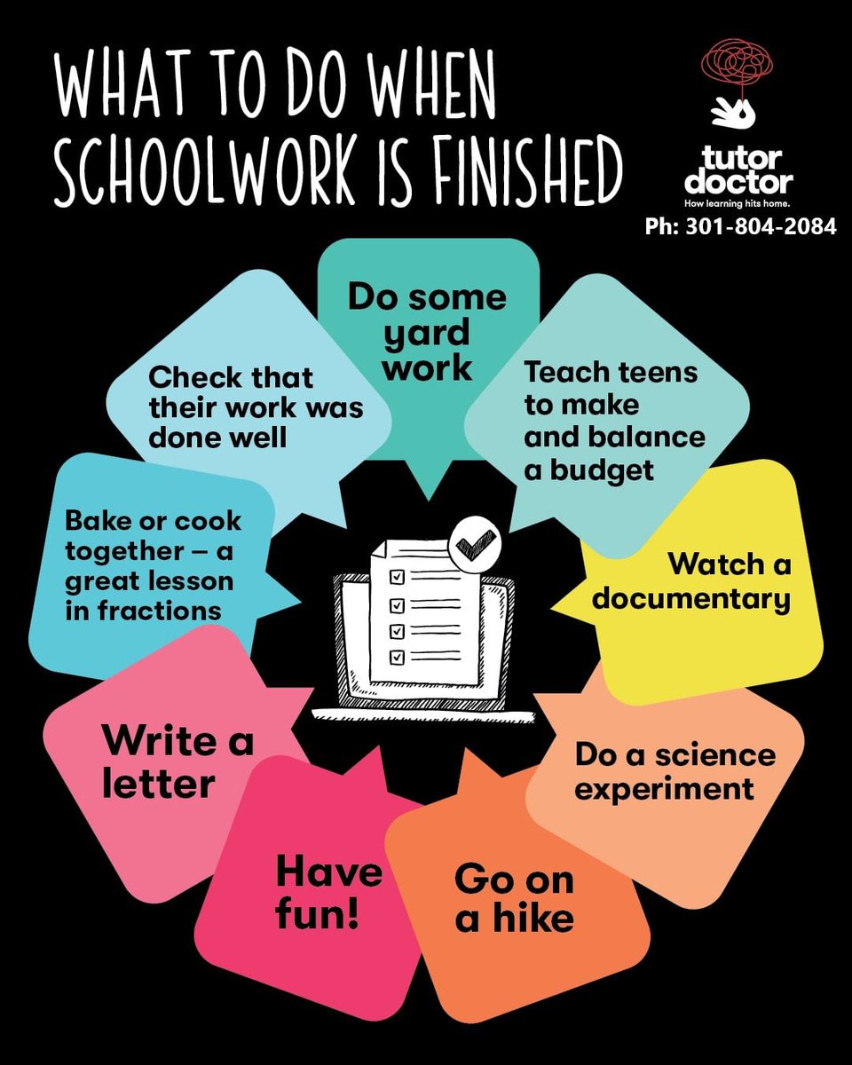 Every child works at different pace. How many times you are faced with the tricky question: "I'm Done with my Schoolwork, Now What?" Here are some tips....

Contact Tutor Doctor @ 301-804-2084
tutordoctor.com/clarksburg-fre…

#Clarksburg, Maryland
