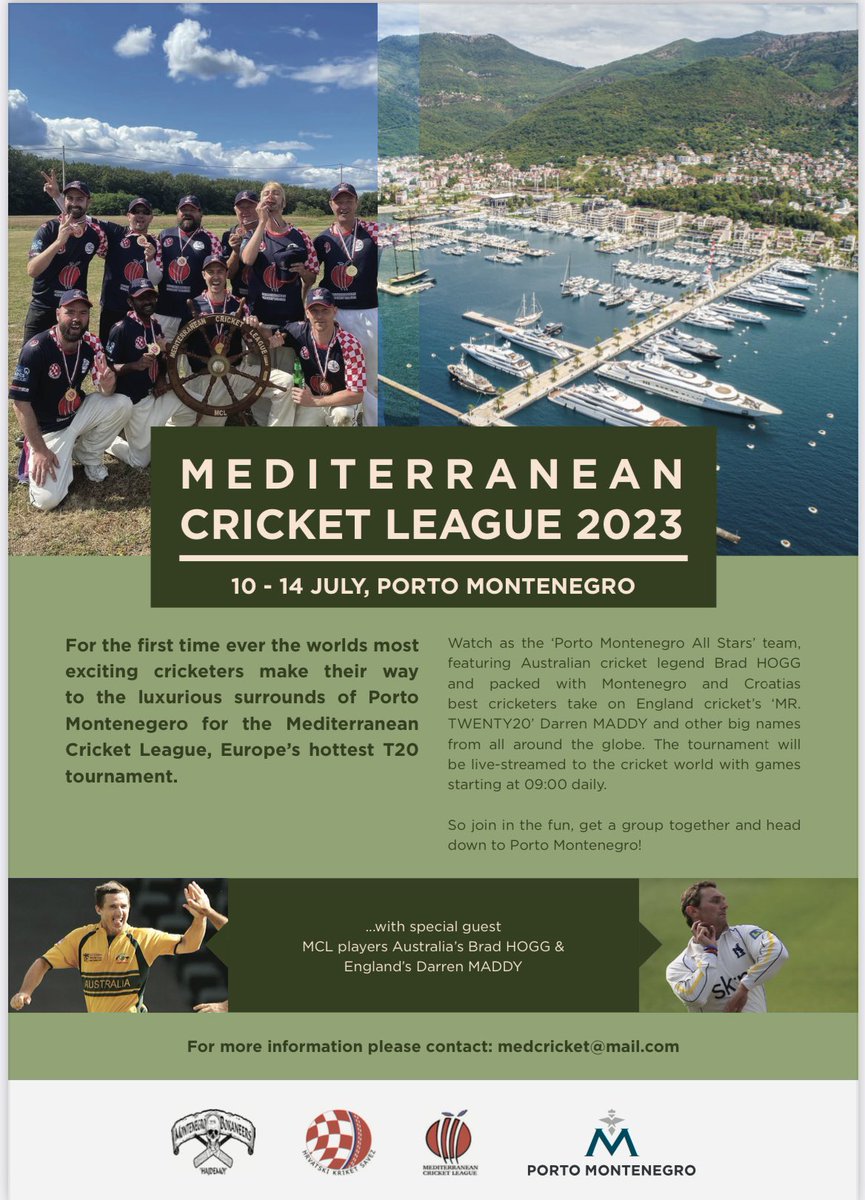 CroatianCricket's tweet photo. The wait is OVER cricket lovers! The T20 Mediterranean Cricket League is back BIGGER &amp; BETTER than ever- this time in PORTO MONTENEGRO!
#MediterraneanCricketLeague #CroatianCricketFederation #PortoMontenegro #MontenegroCricket #BradHogg #SimonKatich #DarrenMaddy #10-14July2023 https://t.co/2Ox42BjIRv