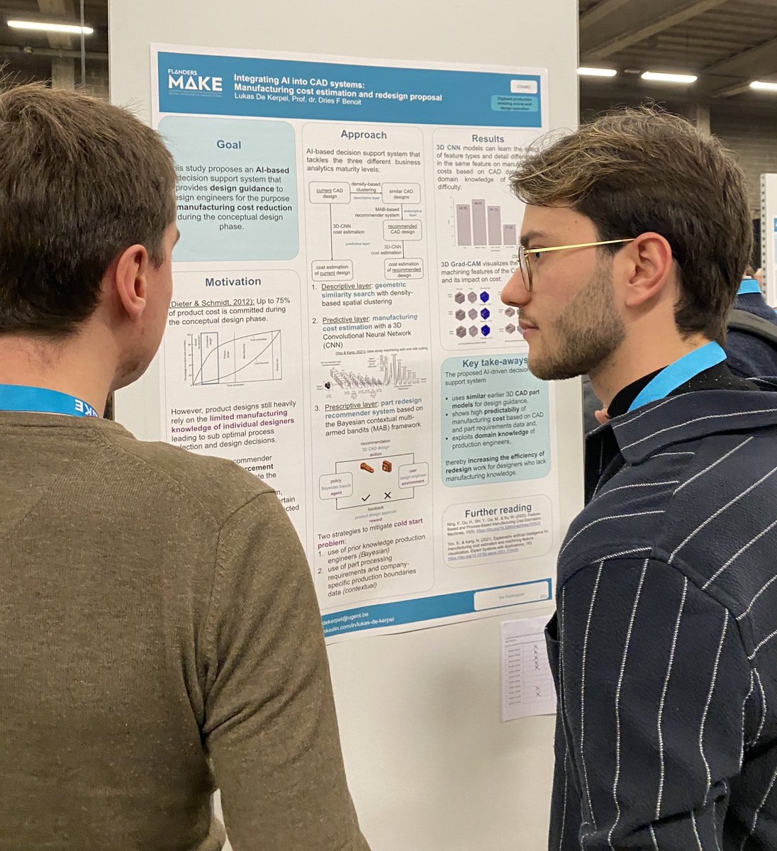 At the @FlandersMake Scientific Conference in Antwerp Expo, <a href="/DeKerpelLukas/">Lukas De Kerpel</a> is presenting his #CVAMO research on “Integrating AI into CAD systems: Manufacturing cost estimation and redesign proposal” (co-author: <a href="/_3s_/">Dries Benoit</a>). #orms #AI #CAD #FlandersMake